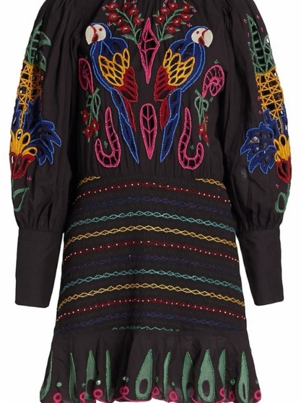 FARM Rio Black Embroidered Parrot Mini Dress with Multicolor Stitching